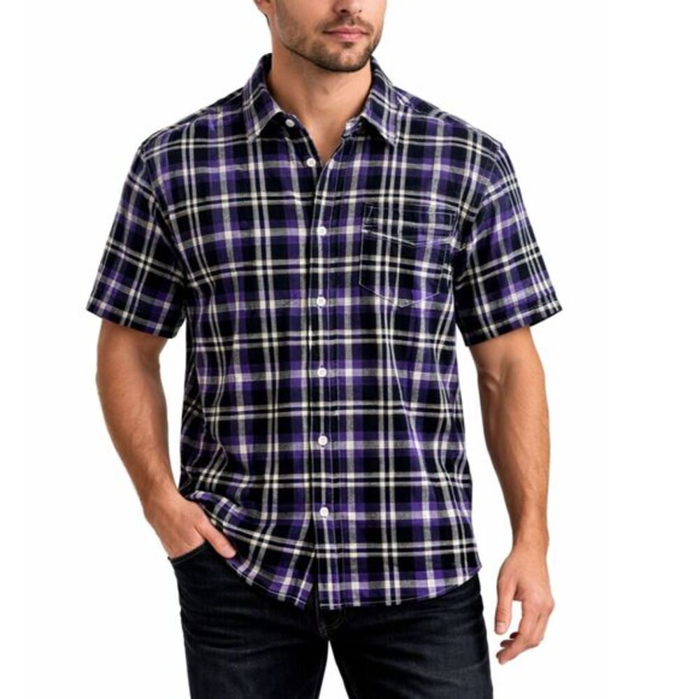 Peter‎ Millar Linen Shirt Men’s Large Purple Plaid Short Sleeve Button Up Summer